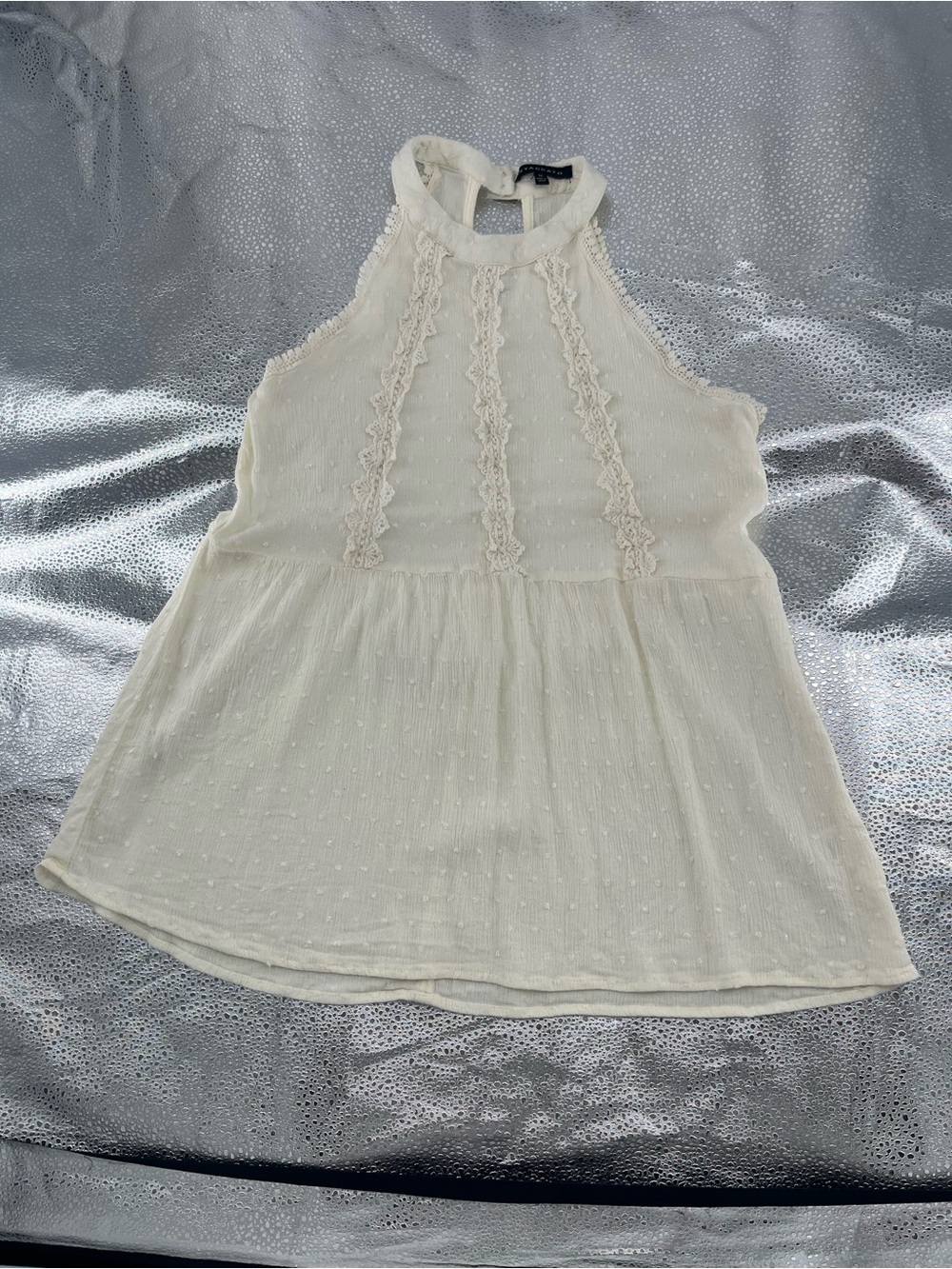 Women's Sleeveless Swiss Dot Babydoll Ivory Halter Top with Crochet Trim SizeM